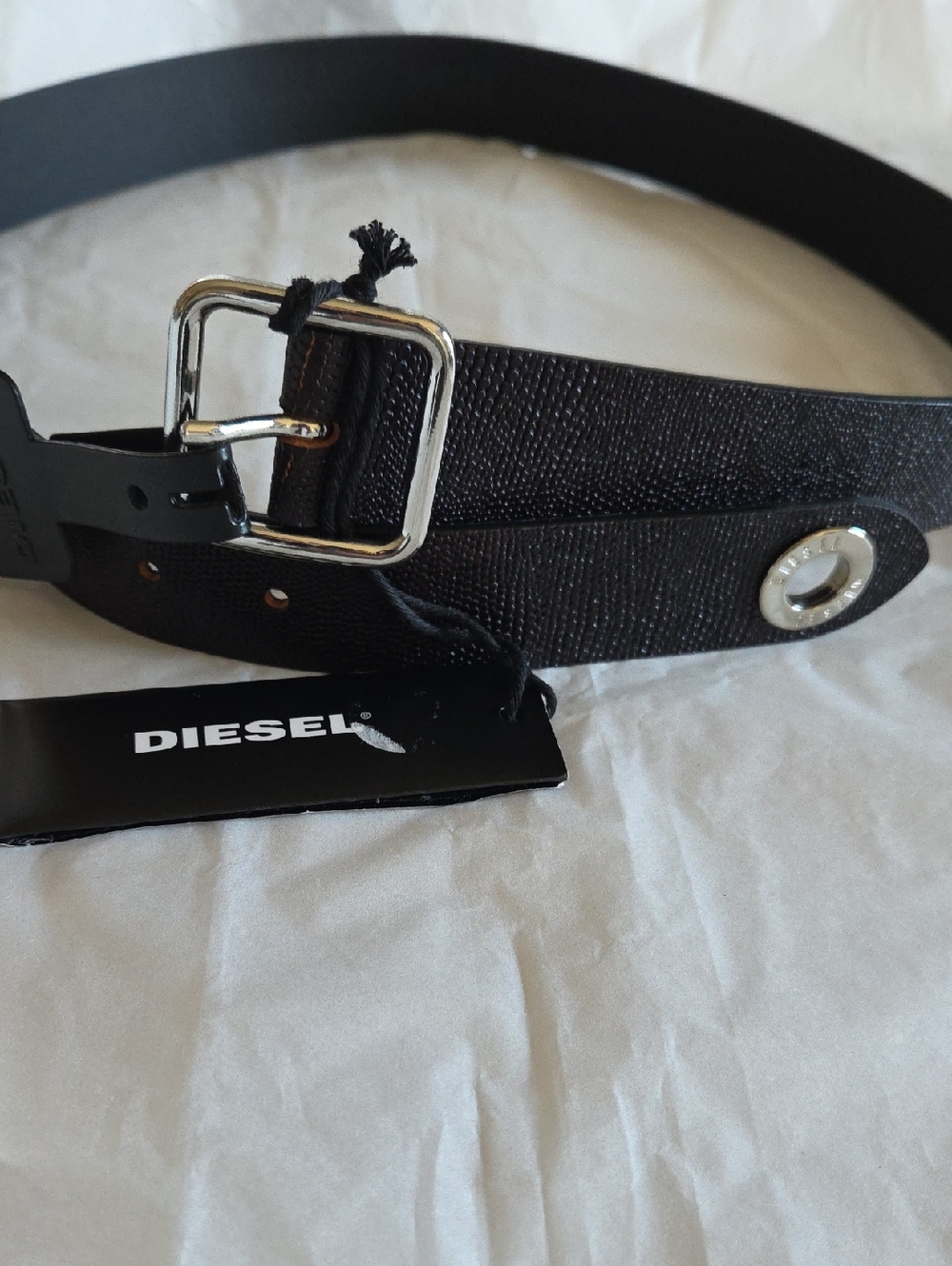 Diesel Black Textured Leather Belt with Silver Buckle